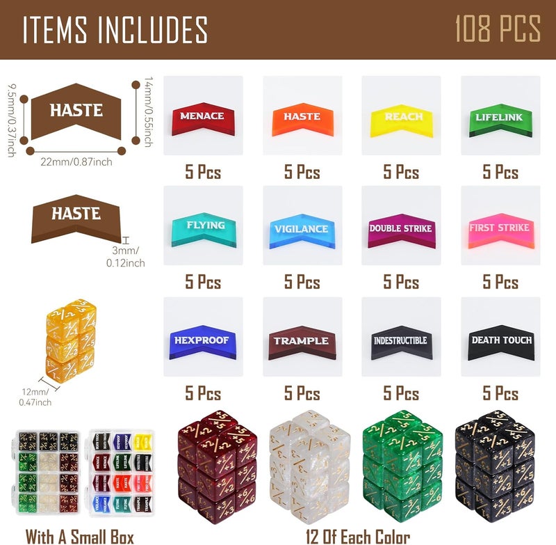 FIGURESLAB Store 108PCS MTG Keyword Tokens & 12mm MTG Life Counter Dice Set for Magic Card, CCG Creature Stats Loyalty Dice with Box, Magic TCG Card Game Accessories - Image 2